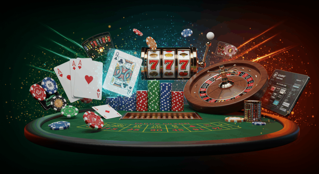 โต๊ะไลฟ์คาสิโนระดับมืออาชีพพร้อมไพ่โป๊กเกอร์ เซอร์เดวิดเบ็คแฮม
และวงล้อรูเล็ตที่หมุนอยู่ท่ามกลางแสงนีออน